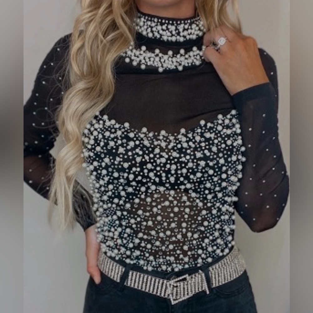 Chic Black Pearl-Embellished Bodysuit